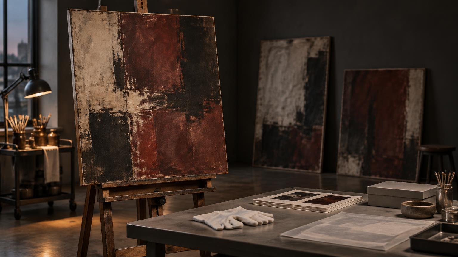 An unframed abstract canvas on an easel in a discreet conservation atelier.