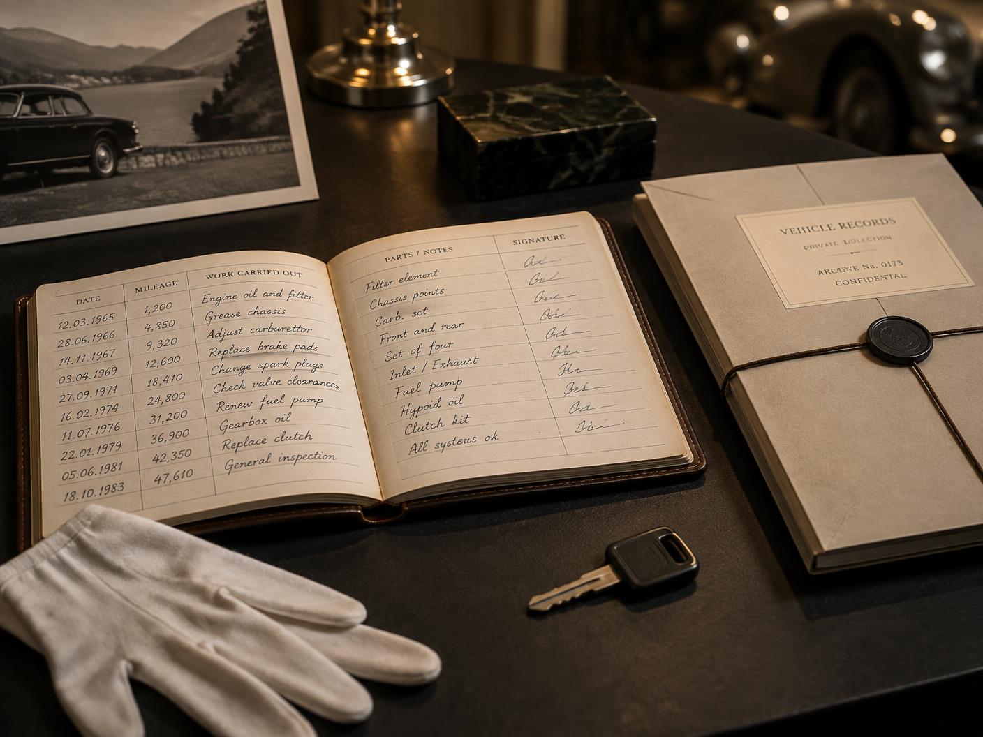 An archival vehicle logbook, document folio and unbranded key on a curator's desk.